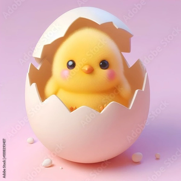 Fototapeta Cute easter chick in an easter egg shell 3d illustration style.