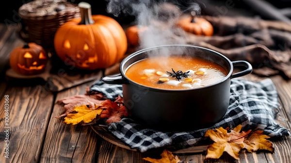 Obraz Eerie Halloween Soup in a Cauldron on a Wooden Table
