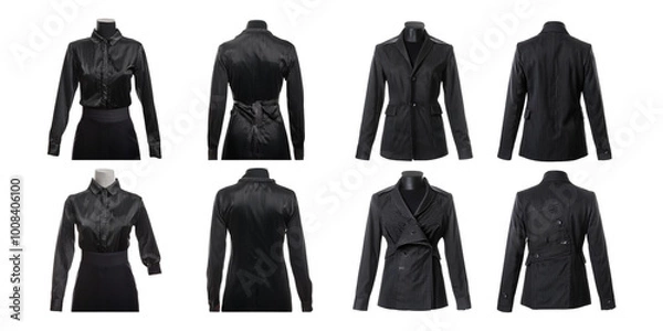 Fototapeta collection of black formal tops and jackets displayed from different angles, isolated on a transparent background, perfect for fashion, business attire, and retail projects.