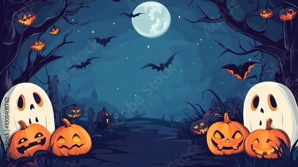 Obraz Spooky Halloween Night with Pumpkins Ghosts and Bats in Cartoon Style
