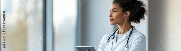 Obraz Thoughtful doctor with tablet, indoor setting