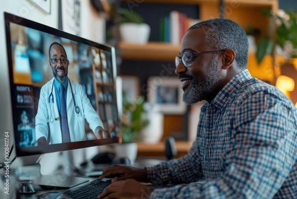 Fototapeta Patient consulting with doctor via video call