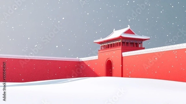 Obraz a red building with a red fence and a red fence with a snowflakes falling on it