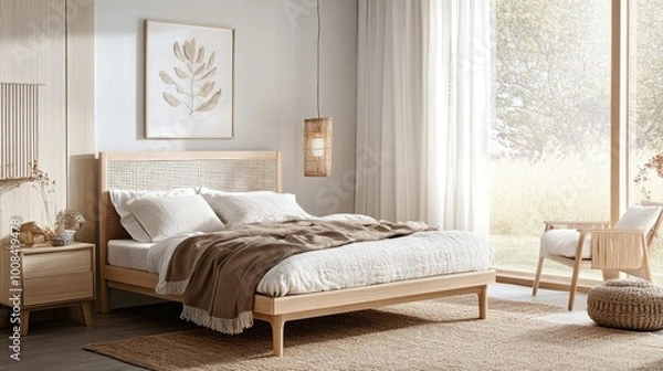 Fototapeta Scandinavian bedroom with modern furniture, light wood elements, soft bedding, and an overall calm and serene atmosphere