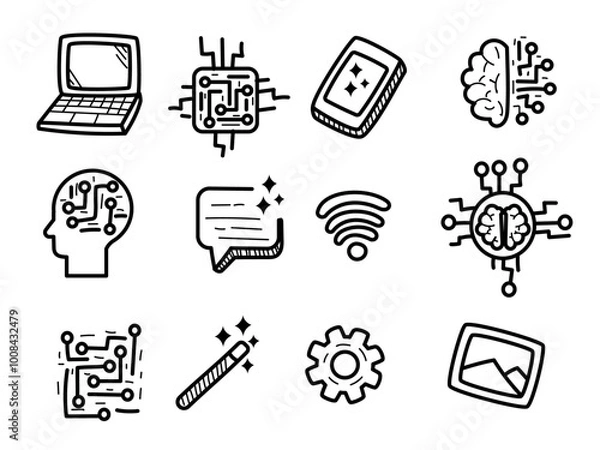 Fototapeta Set of artificial intelligence doodles with black and white color
