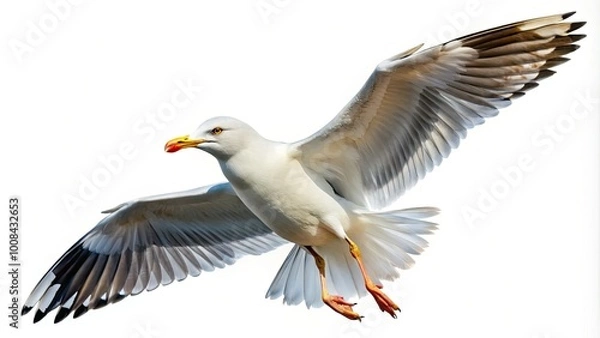 Fototapeta A striking seagull soars gracefully against a pristine white backdrop, embodying the essence of nature and wildlife in flight. A powerful symbol of freedom.