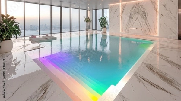 Fototapeta A posh indoor pool with a rainbow light feature and white marble decking
