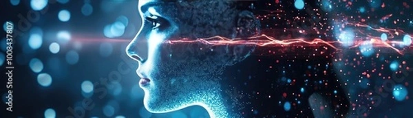 Fototapeta A stunning profile of a woman with glowing digital effects, symbolizing technology, creativity, and the fusion of human and digital worlds.