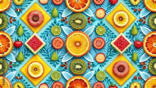 Fototapeta Bright geometric shapes create a seamless summer background, perfect for Scandinavian-style flyers and web templates, blending vibrant colors with minimalist elegance for a fresh look.