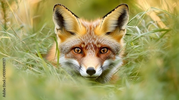 Fototapeta A close-up shot of a curious red fox peering through the tall grass