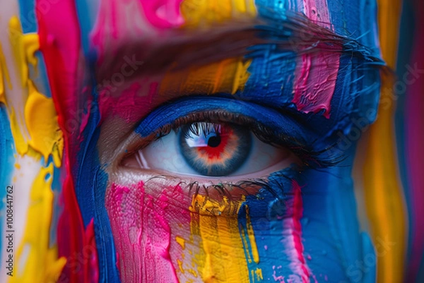 Fototapeta close-up of eye with face painted in various colors, multicolored pupil, horizontal, multicolored,