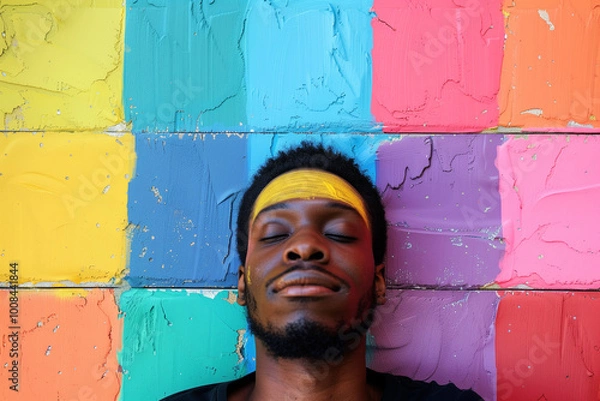 Fototapeta African man with painted face poses on a colorful, horizontal wall,