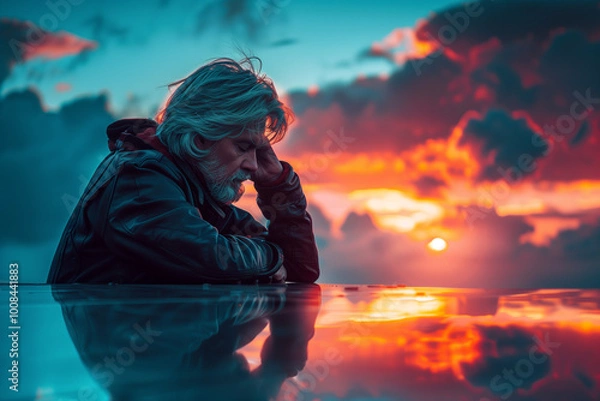 Fototapeta backlight of older man with a sunset reflecting on a bright surface, horizontal, depressed, stress, trouble, pensive,