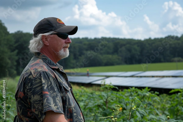 Fototapeta farmer checking his plantation with a large expanse of solar panels in the background, ecosystem, climate change, ecology, clean energy, horizontal,