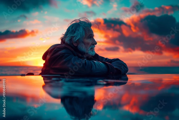 Fototapeta man gazing into infinity with a breathtaking sunset in the background reflecting on the roof of his car.