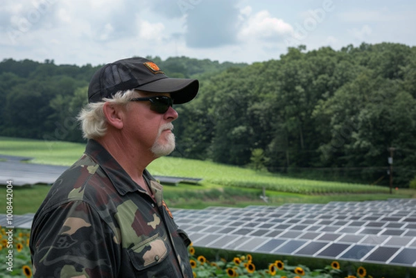 Fototapeta rural farm with a large extension of solar panels, farmer checks the plantation and in the background are the solar panels.