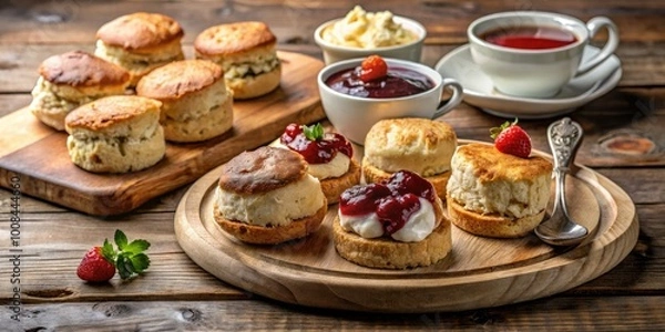 Fototapeta Delight in an array of scones on a charming wooden plate, paired with jam and presented on a rustic table for a delightful afternoon tea experience.