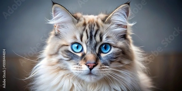 Fototapeta A Close-Up Portrait of a Cat with Striking Blue Eyes and a Soft, Fluffy Fur Coat