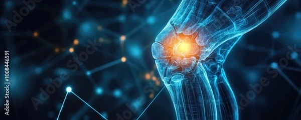 Fototapeta An illuminated representation of a knee joint highlighting inflammation and pain, showcasing advanced medical technology.