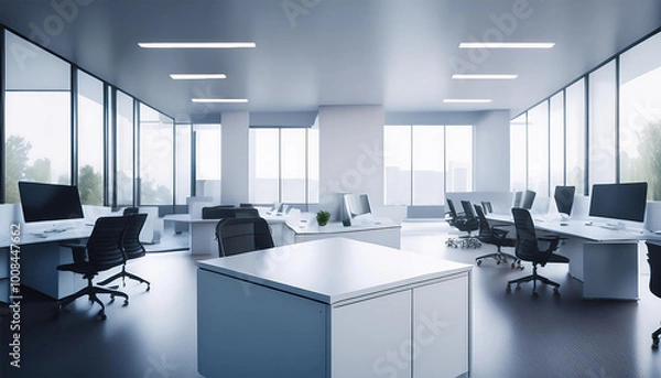 Fototapeta Modern office interior with minimalist design and soft lighting, featuring desks and chairs