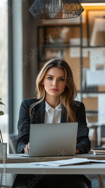 Fototapeta Confident Businesswoman Working in Sunlit Minimalist Office  