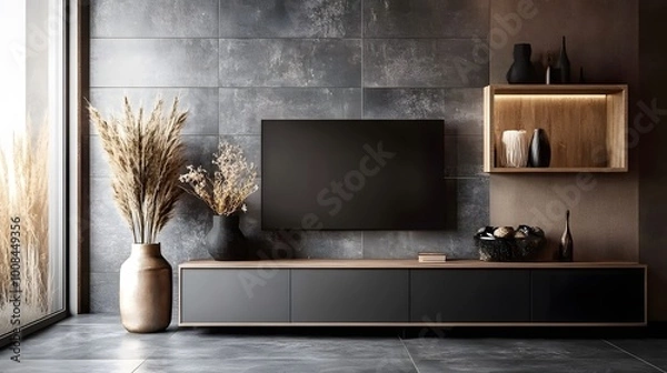 Obraz Home living room interior with drawer with decoration, mockup wall