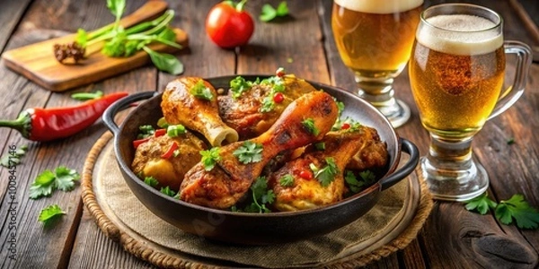Fototapeta Savor delicious Brazilian chicken drumsticks paired with cold beer, making the perfect snack for festivals and gatherings that everyone will love. Great for sharing!
