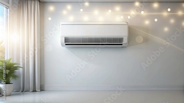 Fototapeta Sleek air conditioner installed on a white wall, enhancing the minimalist room design while providing efficient and stylish cooling solutions for contemporary living spaces.