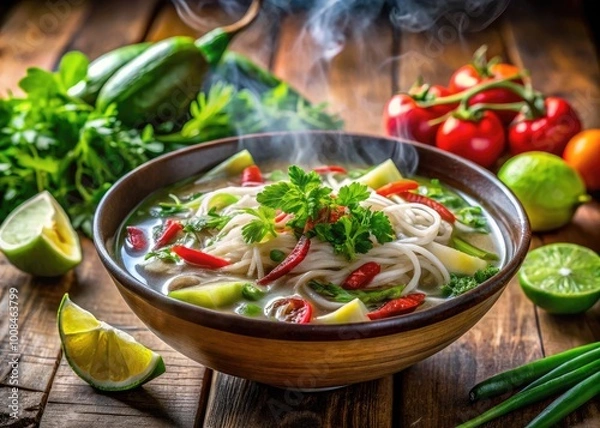 Fototapeta Delicious bowl of steaming pho with fresh herbs, lime, and colorful vegetables on a wooden table