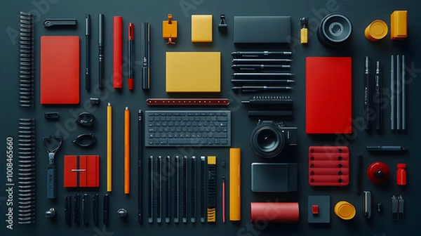Obraz 3D Illustration of Minimalist Office Supplies on Dark Background