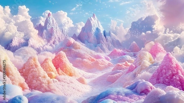 Fototapeta A dreamy landscape featuring pastel mountains and soft clouds, creating a serene and enchanting atmosphere.