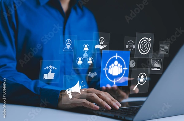 Fototapeta Customer Targeting and Engagement Concept. Icons representing customer targeting, engagement, and marketing strategies. Illustrate key aspects such as audience focus, communication, and feedback.