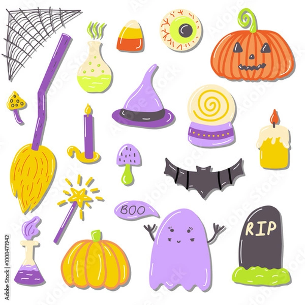 Obraz Halloween witch items colorful hand-drawn element set. Vector holiday illustration