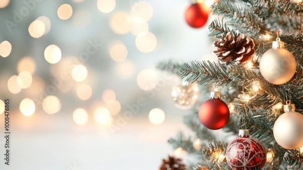 Obraz Festive Room with Christmas Tree, a cozy holiday setting adorned with shimmering lights, evokes warmth and joy, perfect for creating a cheerful atmosphere during celebrations.
