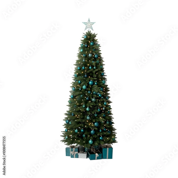 Fototapeta Tall and elegant Christmas tree adorned with shimmering blue ornaments and topped with a sparkling star. Wrapped presents in matching colors are neatly arranged under the tree.