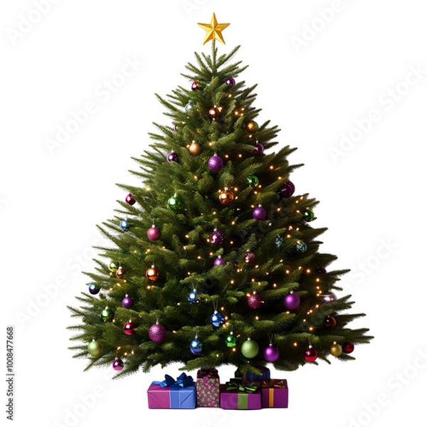 Fototapeta Beautiful Christmas tree adorned with vibrant ornaments in purple, green, and gold. Presents wrapped in festive paper sit beneath, creating a warm and joyful holiday atmosphere.