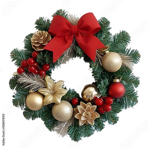 Fototapeta Traditional Christmas wreath featuring a red bow, gold ornaments, pine cones, and red berries. A perfect holiday decoration for adding festive charm to any home or event space.