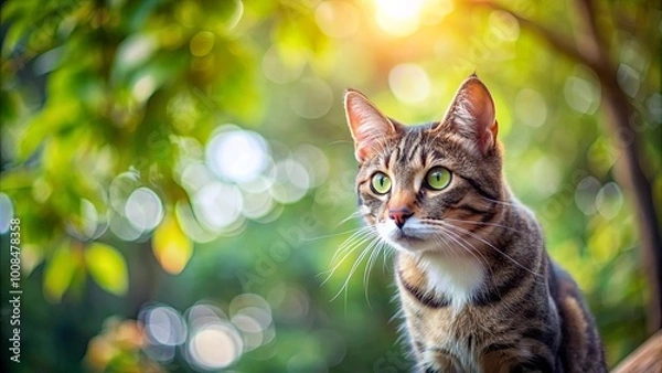 Fototapeta A Tabby Cat with Striking Green Eyes Gazes Intently Through a Softly Blurred Background of Sunlit Foliage