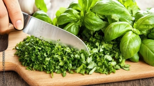 Fototapeta Chef cutting fresh herbs with a knife on a wooden board, finely chopping parsley and basil