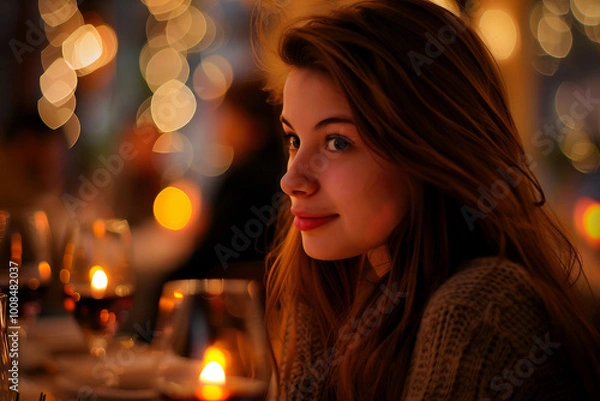 Fototapeta Romantic dinner, anniversary celebration, cozy restaurant cafe date, Generative AI image