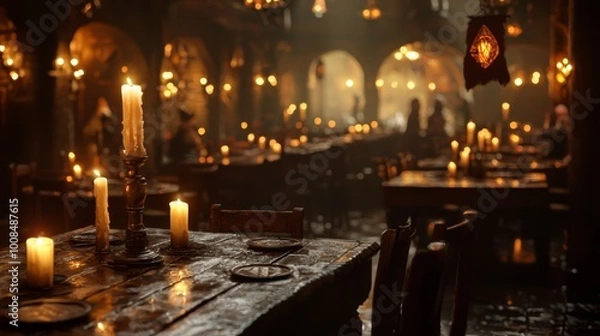 Fototapeta Cozy bustling fantasy tavern filled with adventurers, merchants, and creatures sharing stories, music, and merriment in a warm, inviting atmosphere.