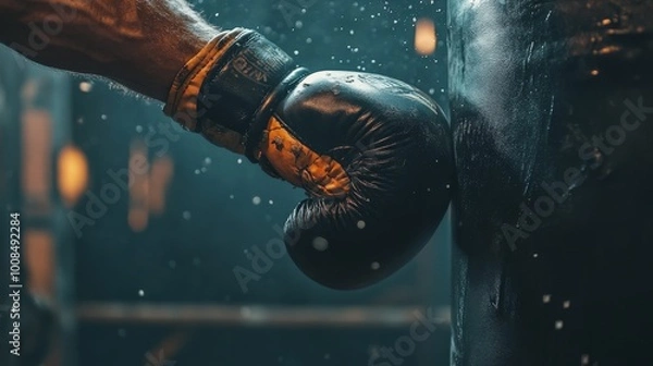 Fototapeta The boxer focuses intensely as their gloved hand makes contact with the heavy bag, showcasing strength and determination during training in a gritty environment