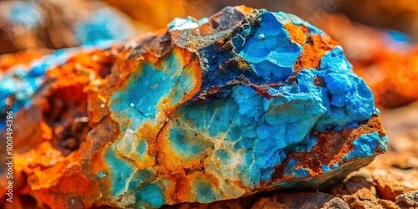 Fototapeta A close-up of a rock with vibrant blue and orange hues, revealing intricate patterns of weathering and erosion.