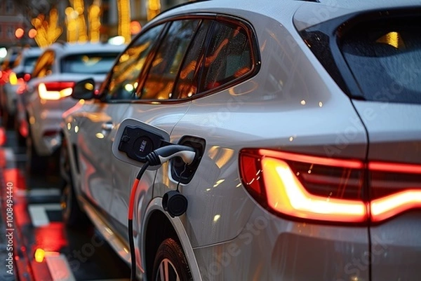Fototapeta White electric car charging at station with evening city lights in background. Close up, copy space. Illuminated vehicle, modern technology. Sustainable urban transportation and energy efficiency