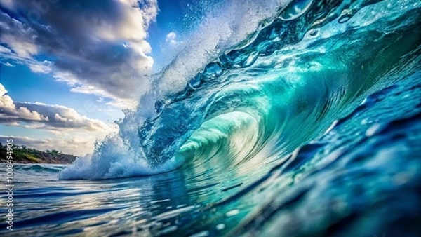 Fototapeta A colossal wave, its turquoise heart illuminated by the sun, crashes against the shore, a symphony of foam and light under a sky of swirling clouds.