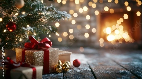Fototapeta Cozy Christmas Evening, a warm living room adorned with twinkling lights, a glowing tree by the fireplace, festive gifts scattered around, creating a magical holiday atmosphere