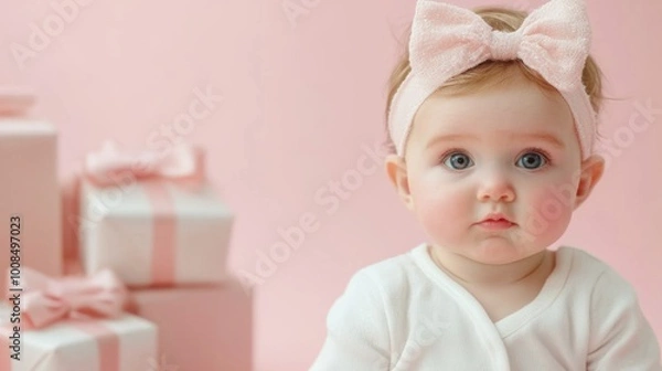 Obraz Joyful baby girl surrounded by colorful gift boxes on a soft pink background, celebrating a special occasion with a playful and cheerful atmosphere.