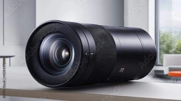 Fototapeta High-resolution camera lens in close-up, with intricate details of the lens glass and aperture rings visible