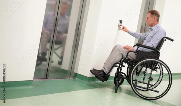 Fototapeta A male patient in a wheelchair presses the elevator button while waiting in a hospital corridor. The scene reflects independence, accessibility, and mobility assistance in a healthcare environment.
