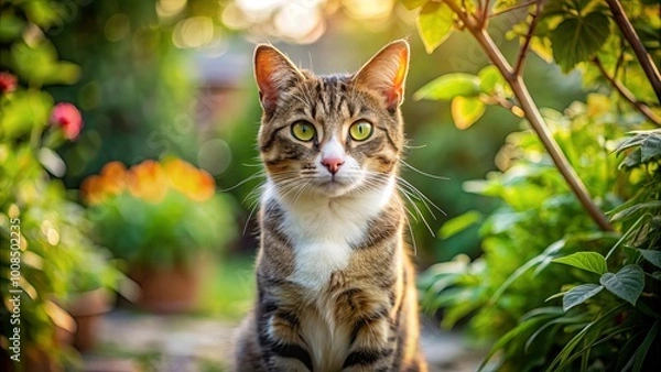 Fototapeta A Curious Feline Poses Against a Lush Green Background, Its Vibrant Green Eyes Gazing Directly at the Viewer, Capturing a Moment of Tranquility in Nature.